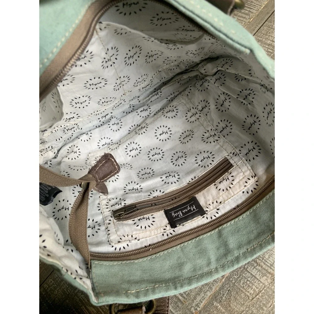 Myra Bag Small Turquoise Canvas Leather‎ Texas EST. 1962 Up-cycled Tote Handbag